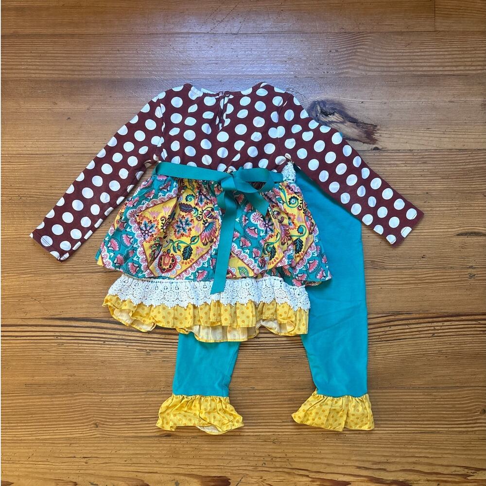 Counting Daisies brown polkadot colorful ruffle teal long sleeve pant set SIZE 4 - Picture 7 of 7